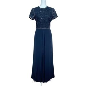 Carolina Herrera Vintage Sz 6 Blue Beaded Sequin Silk Chiffon Long Formal Dress